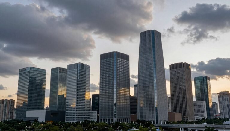 Commercial real estate loan defaults threatening financial stability with modern office buildings and financial district skyline