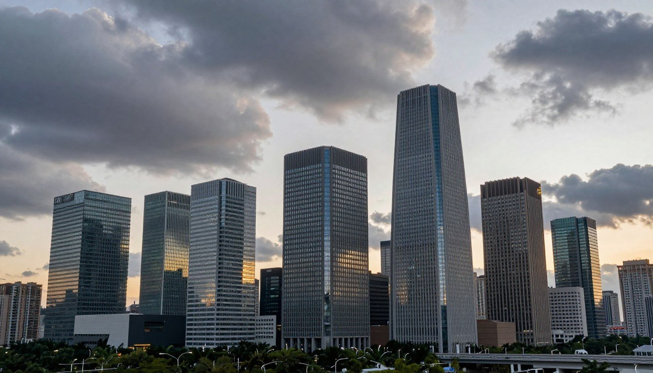 Commercial real estate loan defaults threatening financial stability with modern office buildings and financial district skyline