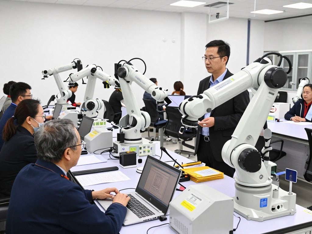 Company-sponsored retraining program with employees learning automation technology