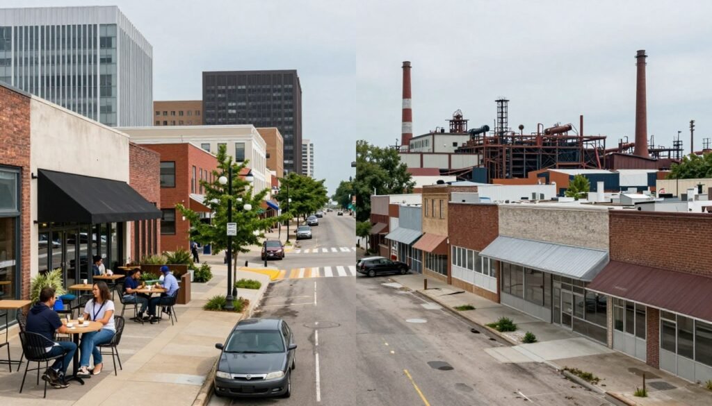 Comparison of thriving tech hub versus struggling industrial town