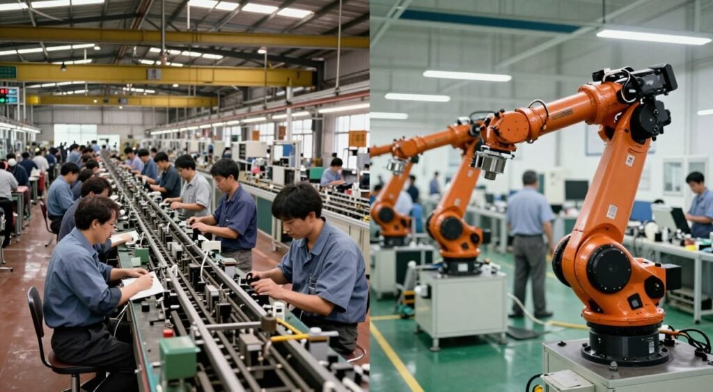 Comparison of traditional factory workers versus automated facility