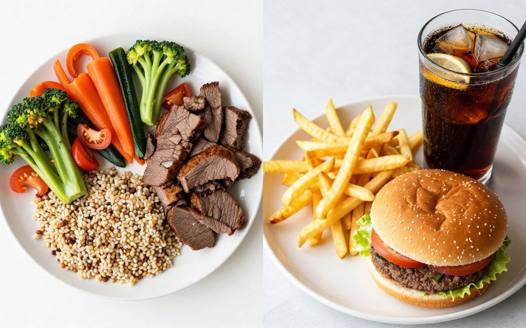 Comparison showing healthy meal versus typical fast food meal Comparison showing healthy meal versus typical fast food meal