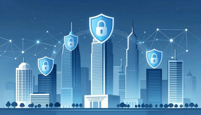 Cybersecurity threats to financial infrastructure showing network security systems protecting banking data