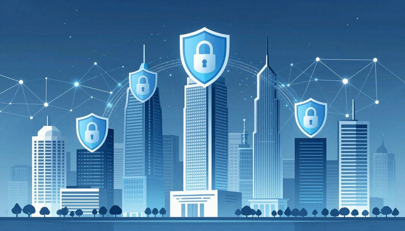 Cybersecurity threats to financial infrastructure showing network security systems protecting banking data