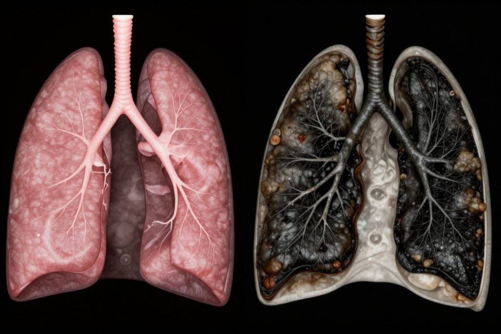 Damaged lungs from smoking compared to healthy lungs