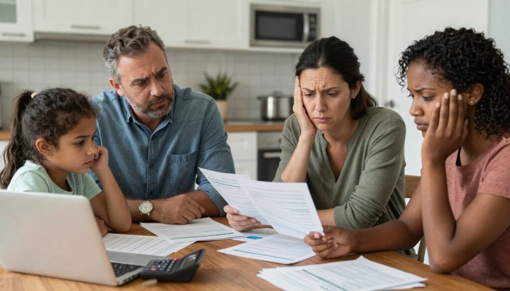 Diverse American family reviewing household budget and financial documents with concerned expressions showing economic impact