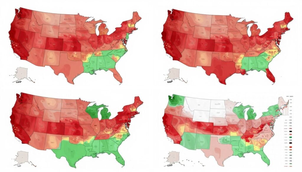 Economic impact visualization of AI showing effects on GDP, employment, and markets across United States