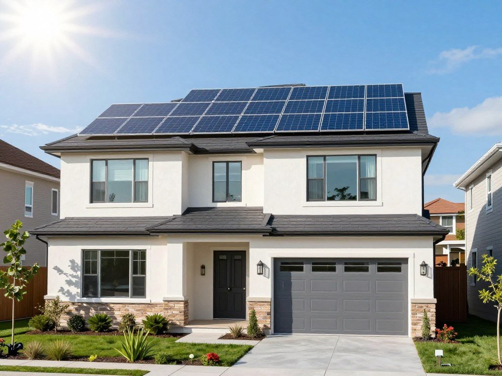 Energy-efficient American home with solar panels