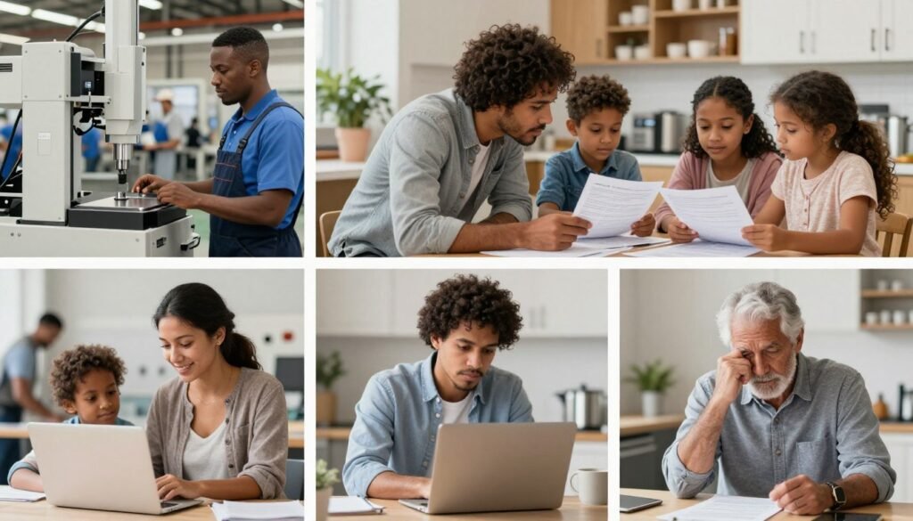 Everyday Americans affected by AI job displacement showing impacts on families, communities, and daily life