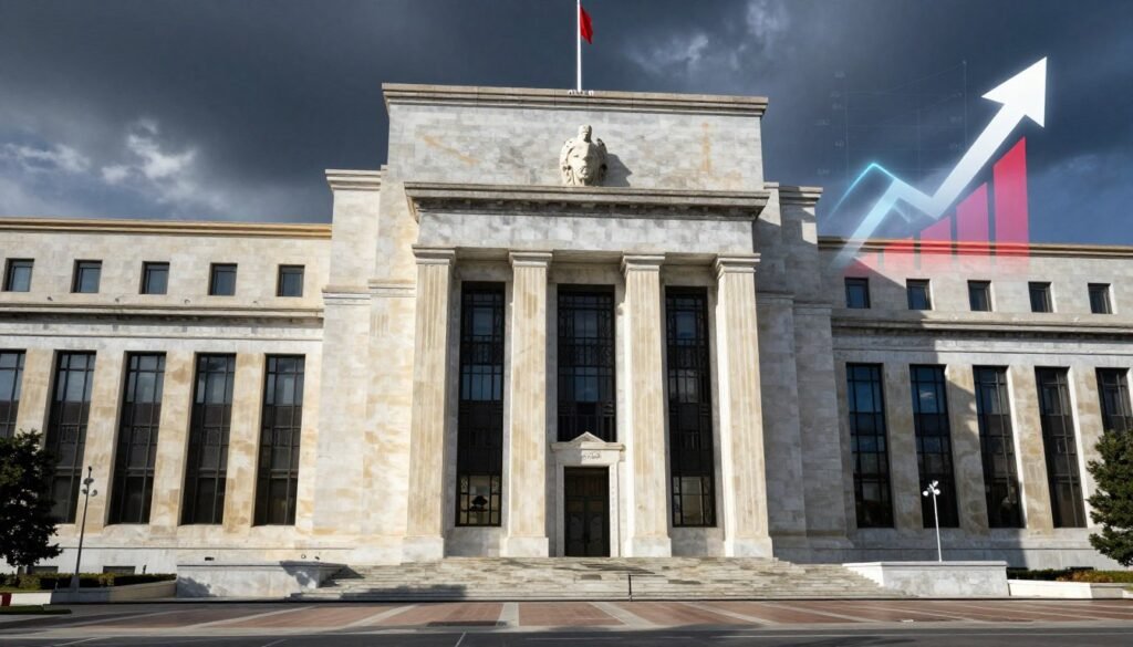 Federal Reserve building with rising interest rate indicators showing causes of mortgage rate surge