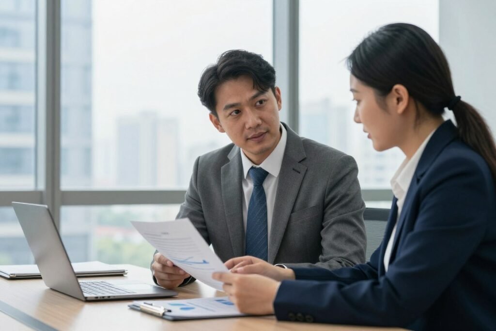Financial advisor discussing regional bank strategies with client showing portfolio diversification