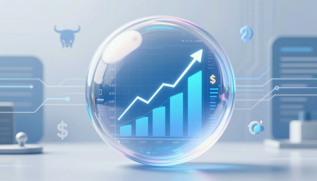 Financial market bubbles visualization showing rising asset prices and economic indicators