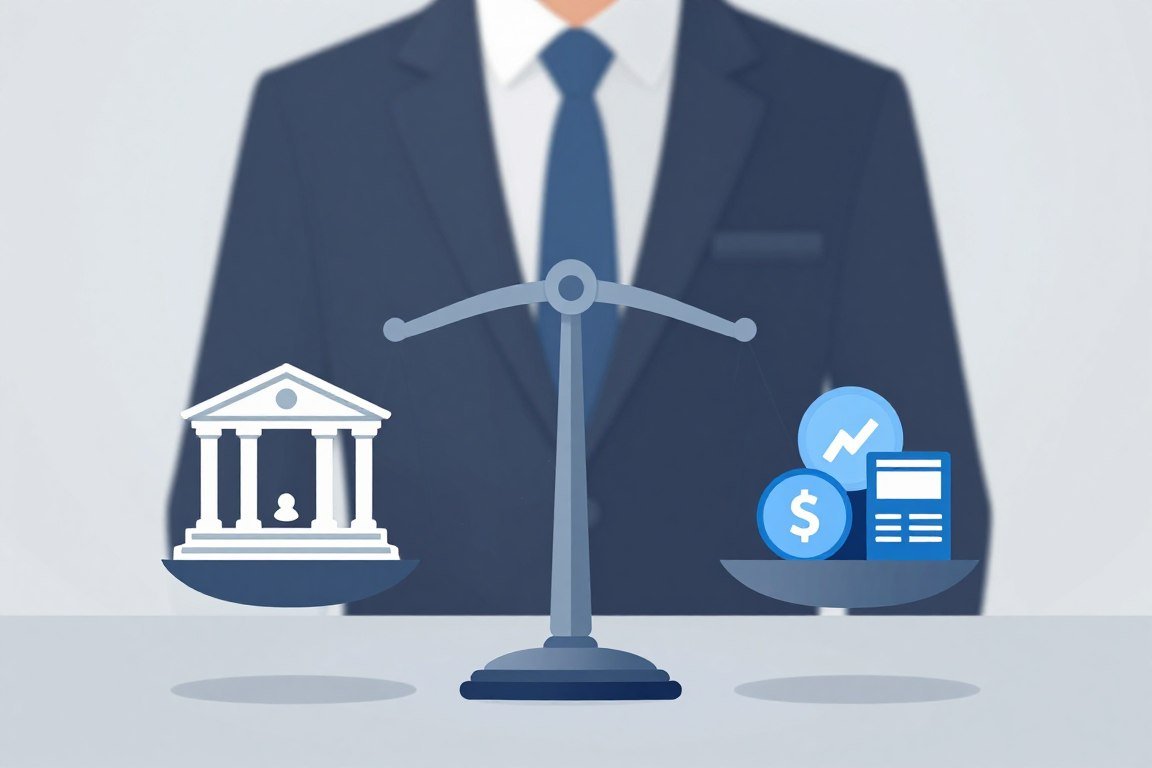 Financial stability concept showing balanced scales with traditional and shadow banking systems