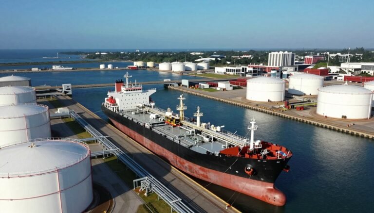 Foreign energy supply infrastructure showing oil tankers and pipeline networks