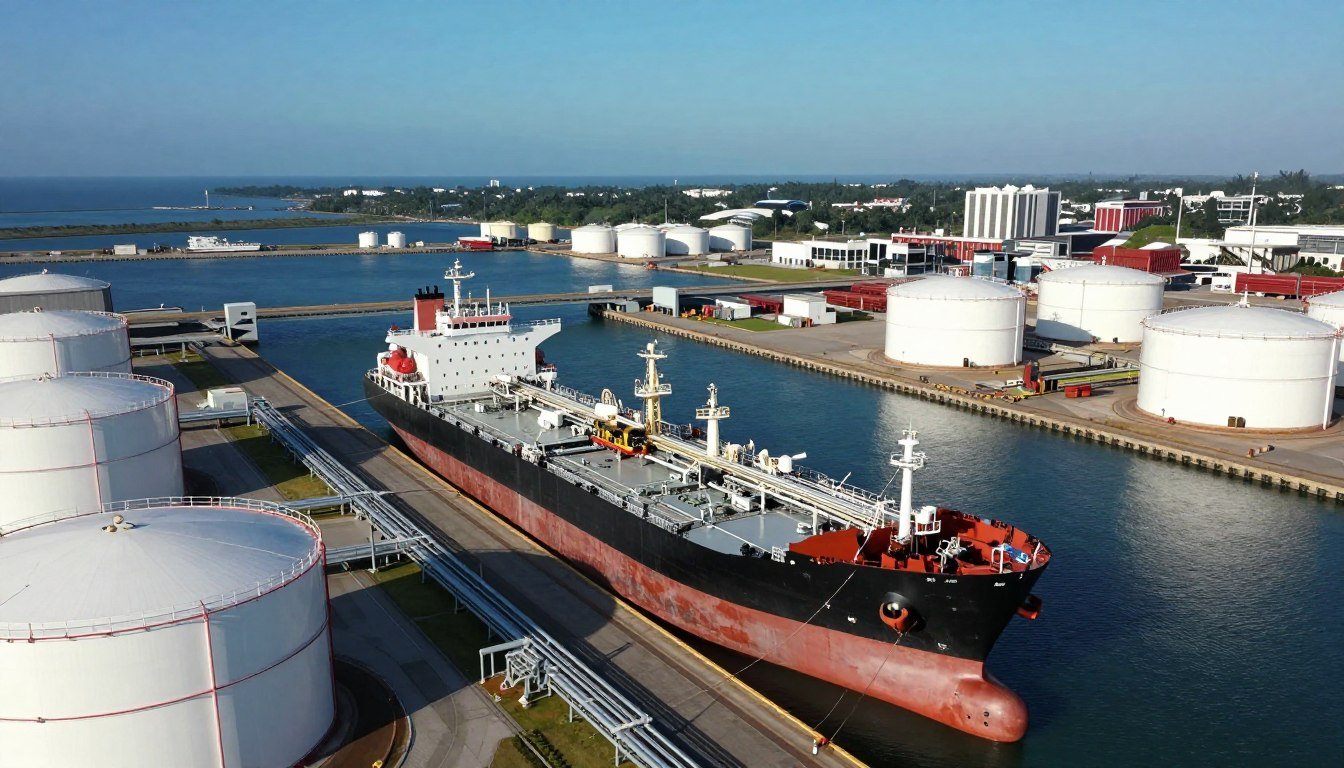 Foreign energy supply infrastructure showing oil tankers and pipeline networks