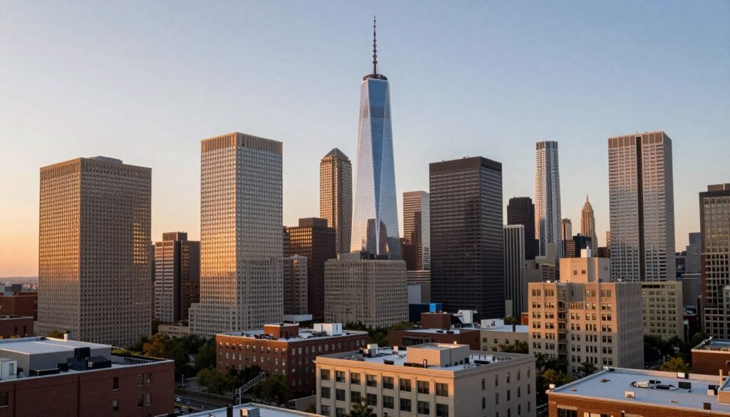 Future economic outlook skyline showing recovery and transformation from commercial real estate crisis