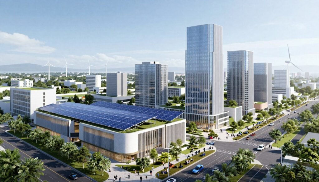 Future outlook showing successful energy transition with modern renewable infrastructure and thriving economy