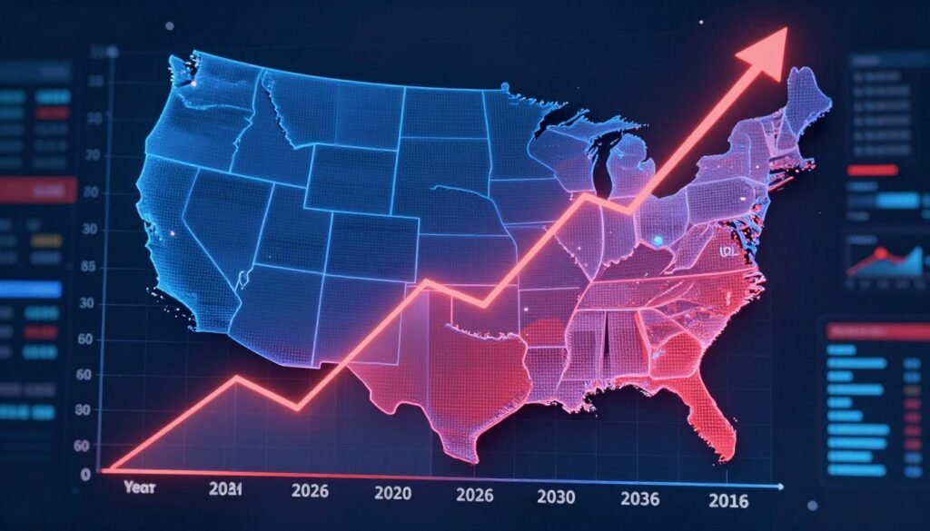 Futuristic visualization of United States economic forecast with ascending debt projections and market indicators for 2026-2030
