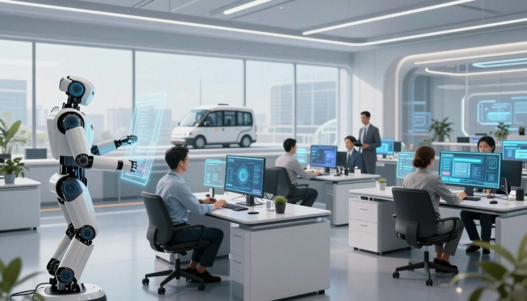 Futuristic visualization of automated workplace and economy