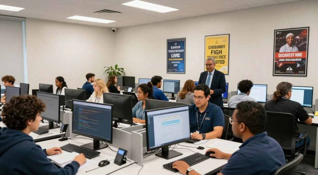Government-sponsored job retraining center with workers learning new skills