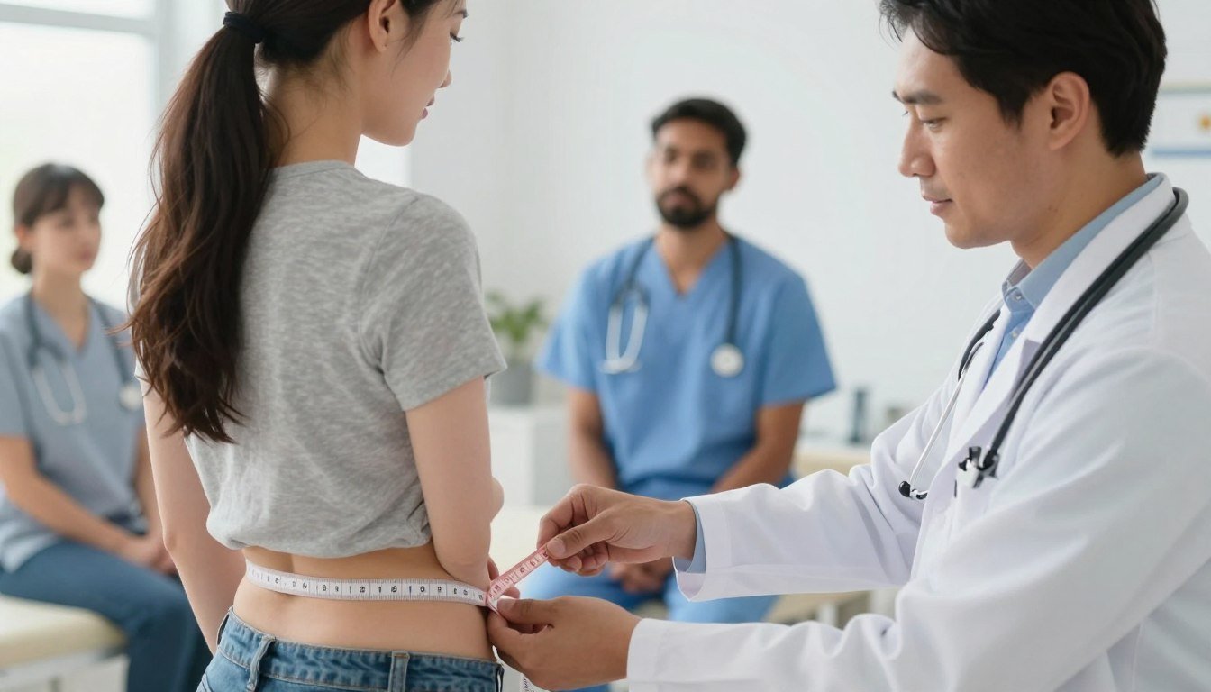 Healthcare professional measuring patient's waist circumference during obesity assessment