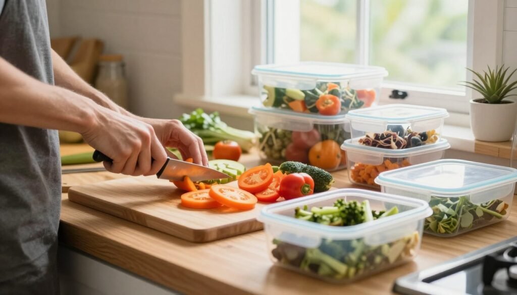 Healthy meal preparation and planning scene in home kitchen