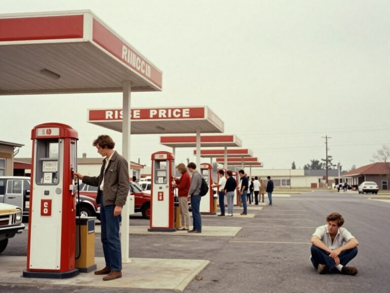 Historical 1970s stagflation period showing gas station lines and price increases