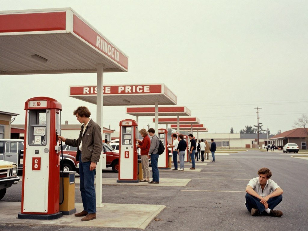 Historical 1970s stagflation period showing gas station lines and price increases
