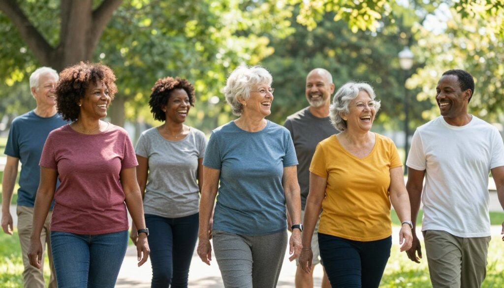 Hopeful image of diverse Americans engaging in healthy activities