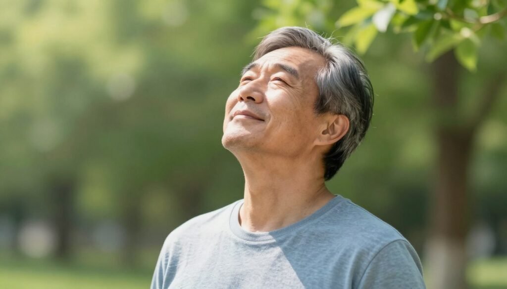 Hopeful patient breathing freely outdoors after COPD treatment