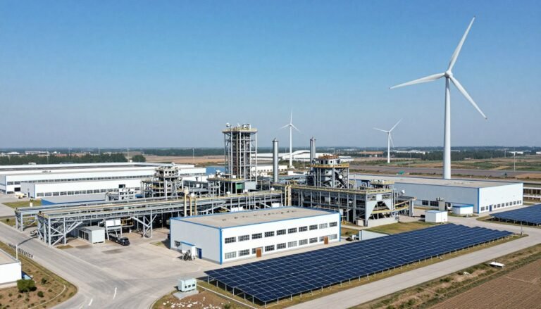 Industrial facility with solar panels and wind turbines representing climate policy integration