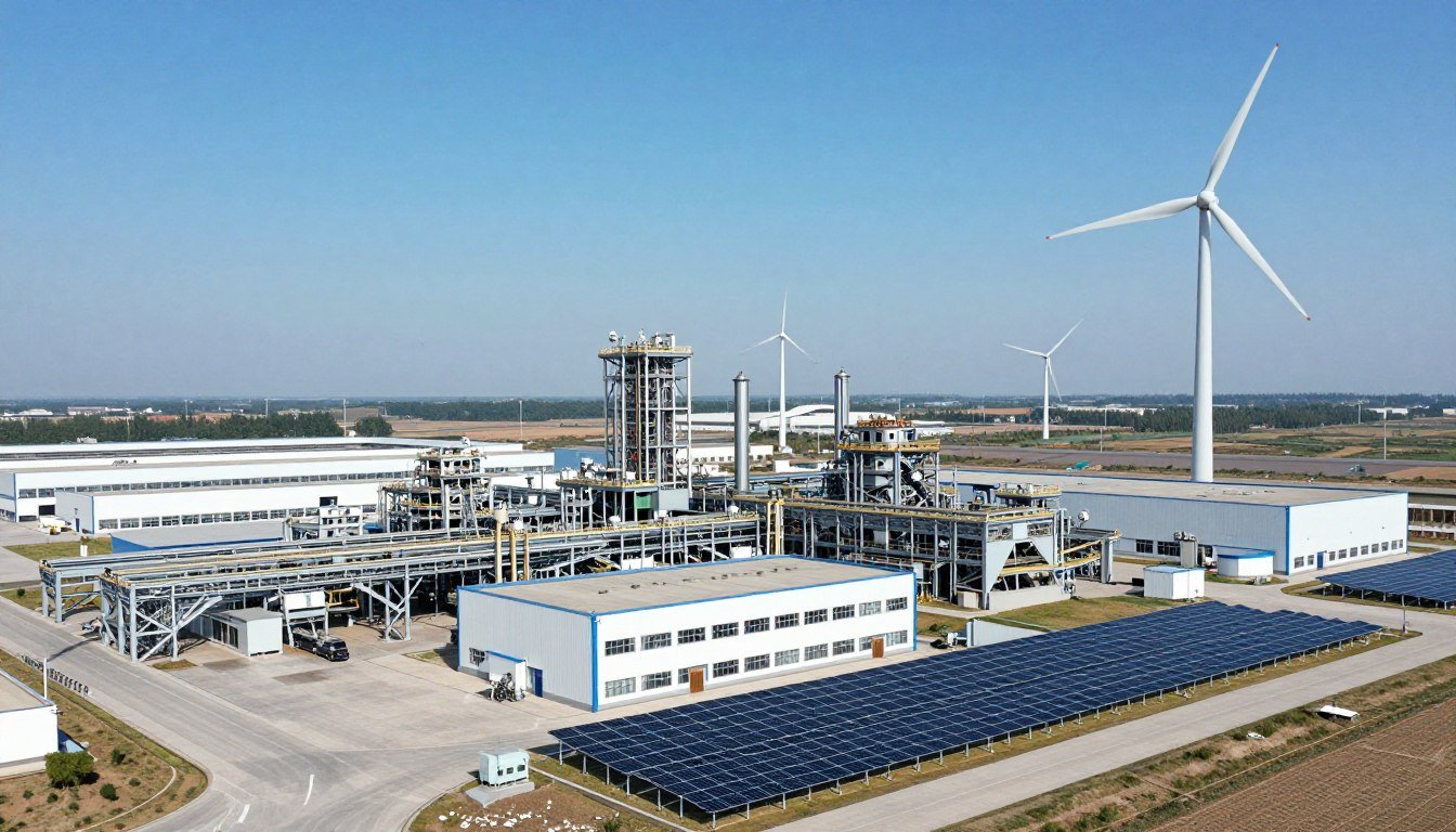 Industrial facility with solar panels and wind turbines representing climate policy integration