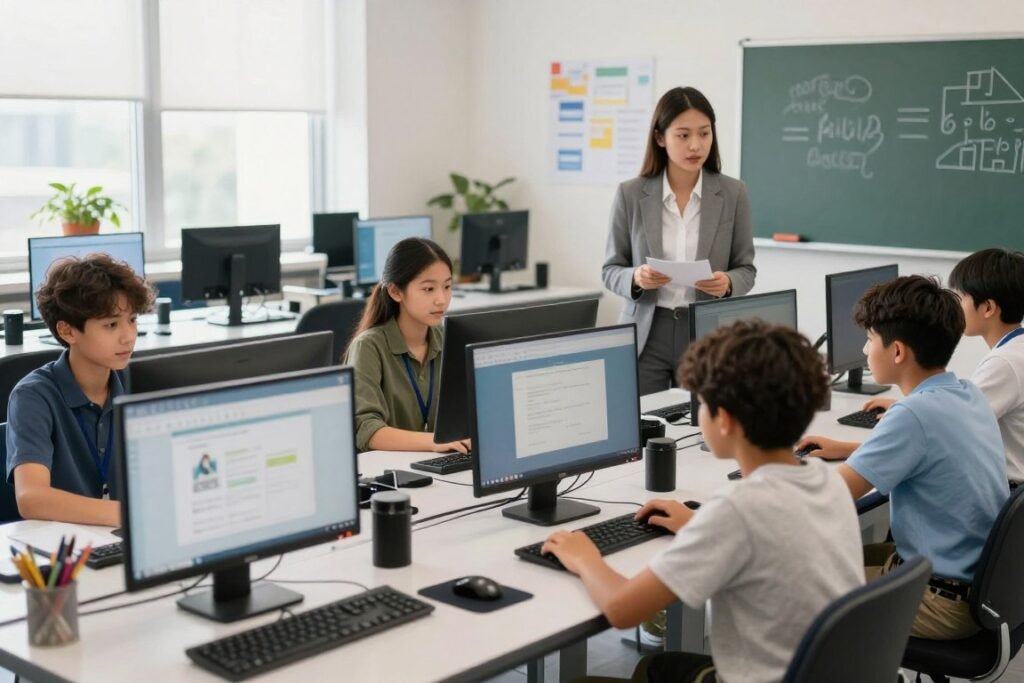 Modern classroom with students learning technology and critical thinking skills