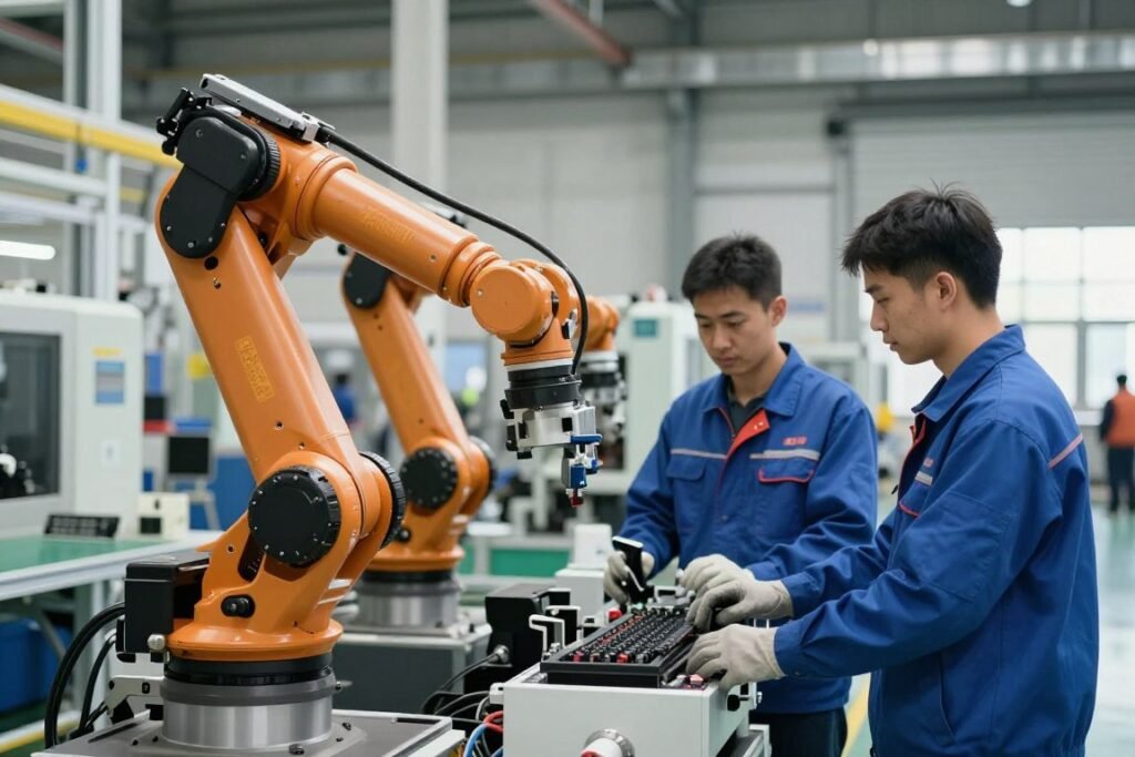 Modern manufacturing facility with collaborative robots working alongside human workers
