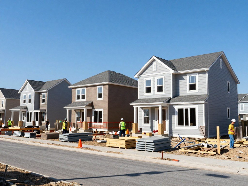 New residential construction site showing housing development progress and construction workers