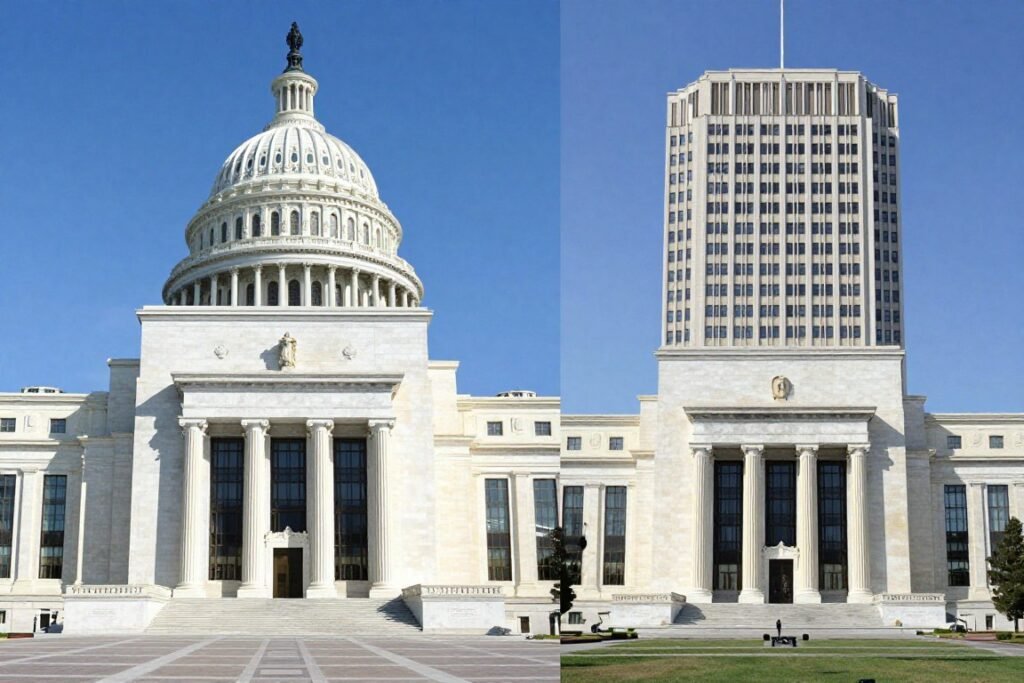 Policy solutions for commercial real estate crisis showing government buildings and Federal Reserve