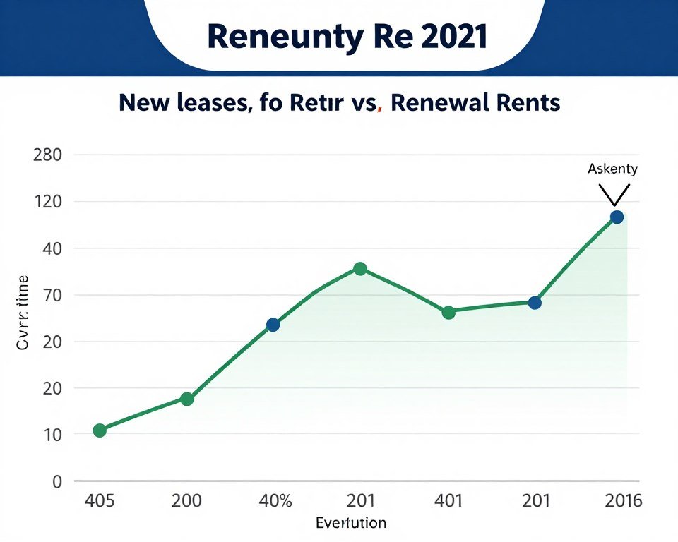 Rental market data visualization showing asking rents versus renewal rents trends