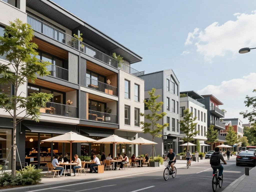 Revitalized commercial district with mixed-use development