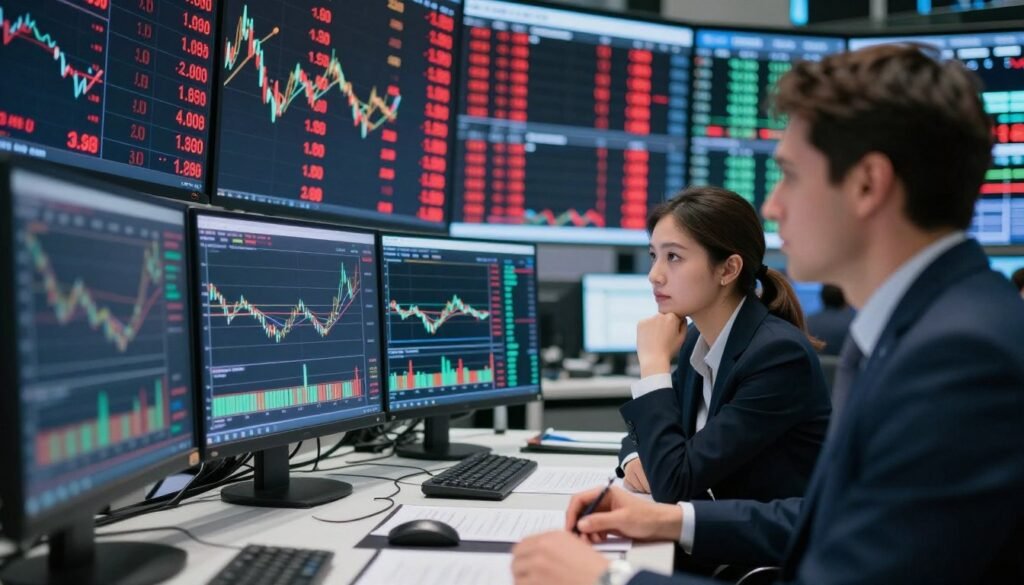 Stock market trading floor showing financial stress