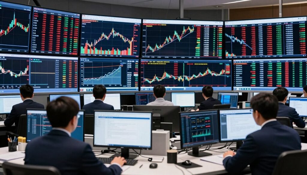 Stock market trading floor showing technology sector performance