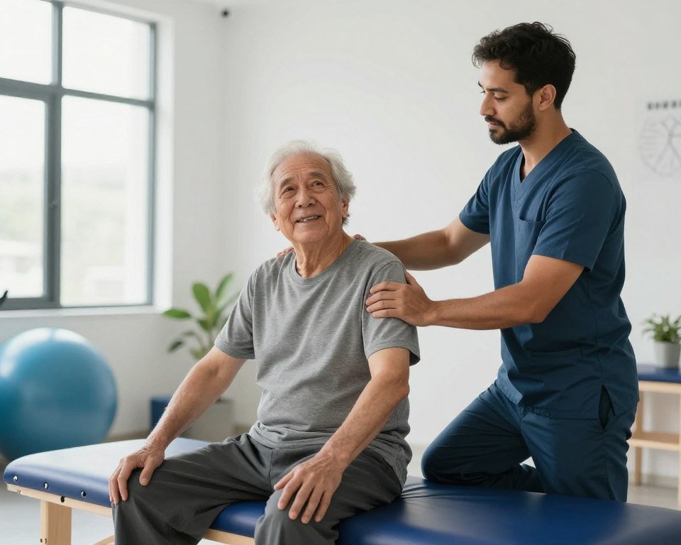 Stroke patient working with physical therapist during rehabilitation