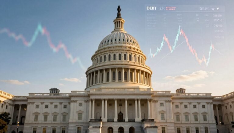 United States Capitol building with financial market charts overlayed showing debt ceiling crisis impact