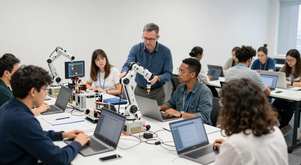 Workers in retraining program learning new technology skills