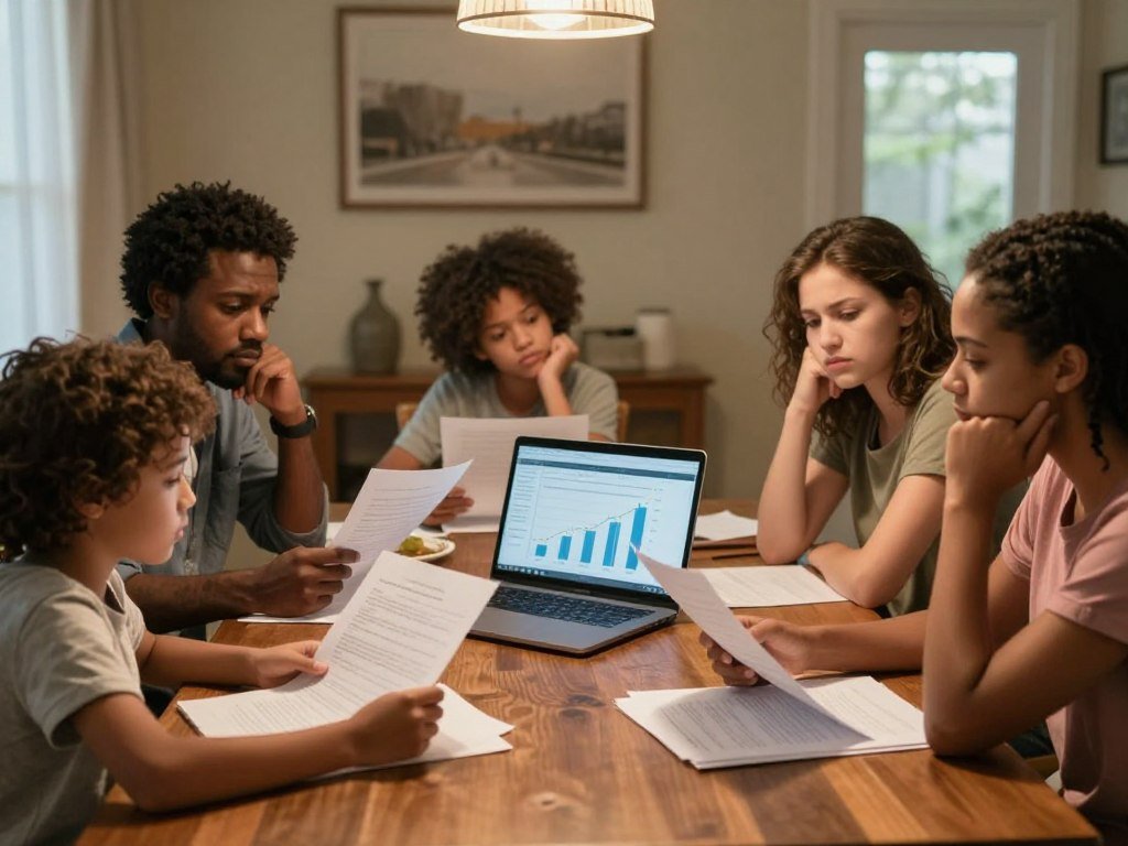 american family reviewing financial documents and housing decisions