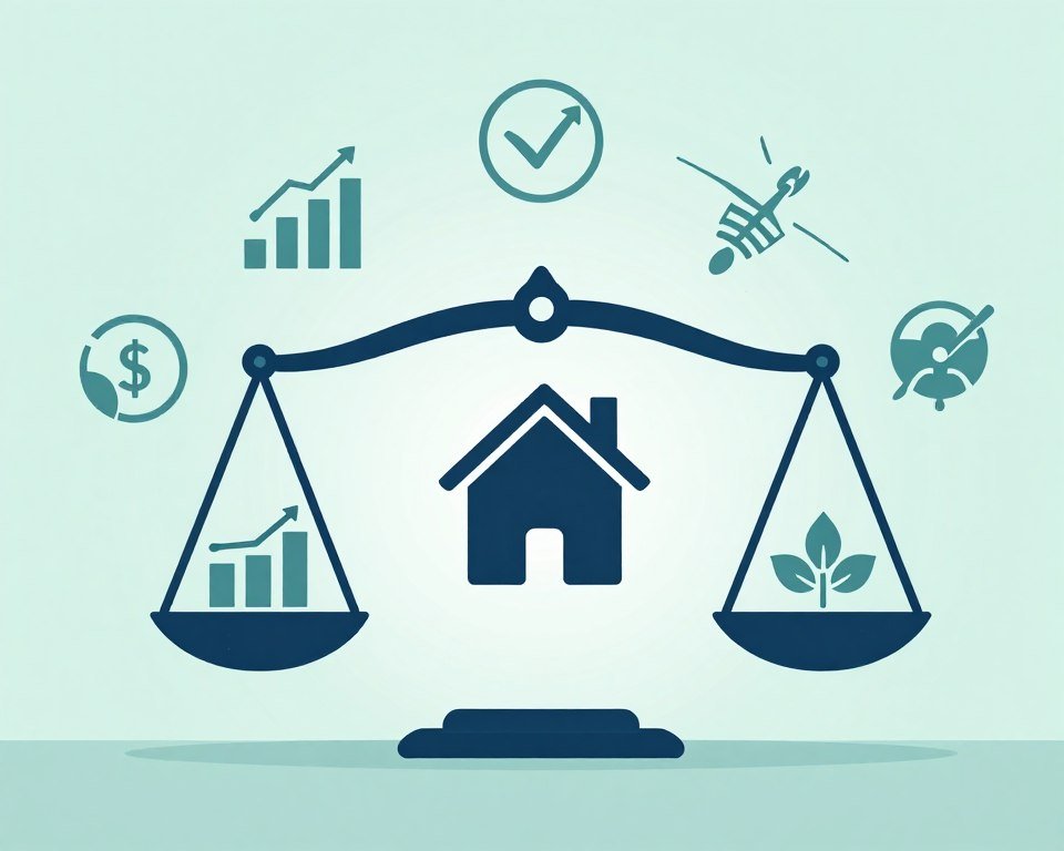 balanced housing market concept with scales showing stability and various economic factors