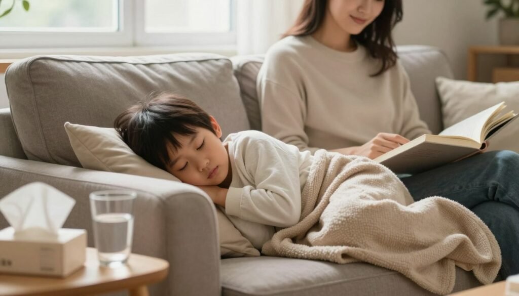 Child recovering from temporary illness with parent care