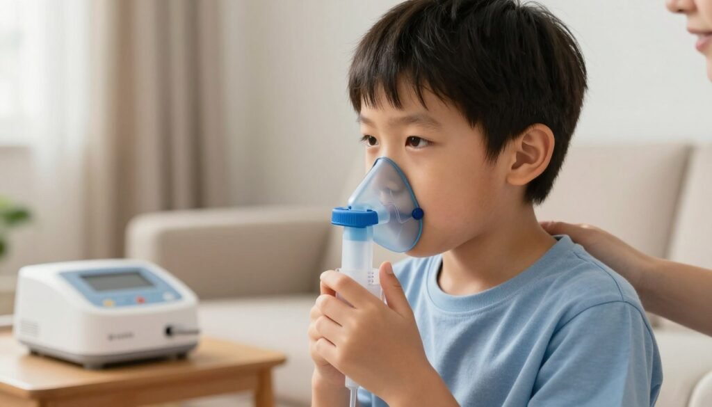 Child using nebulizer treatment at home