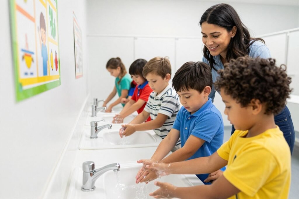 Children practicing good hygiene habits to prevent health issues