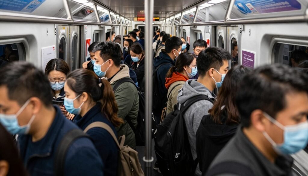 Crowded public spaces showing disease transmission risks in USA