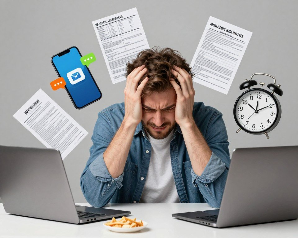 Diverse person overwhelmed by multiple stressors and lifestyle pressures